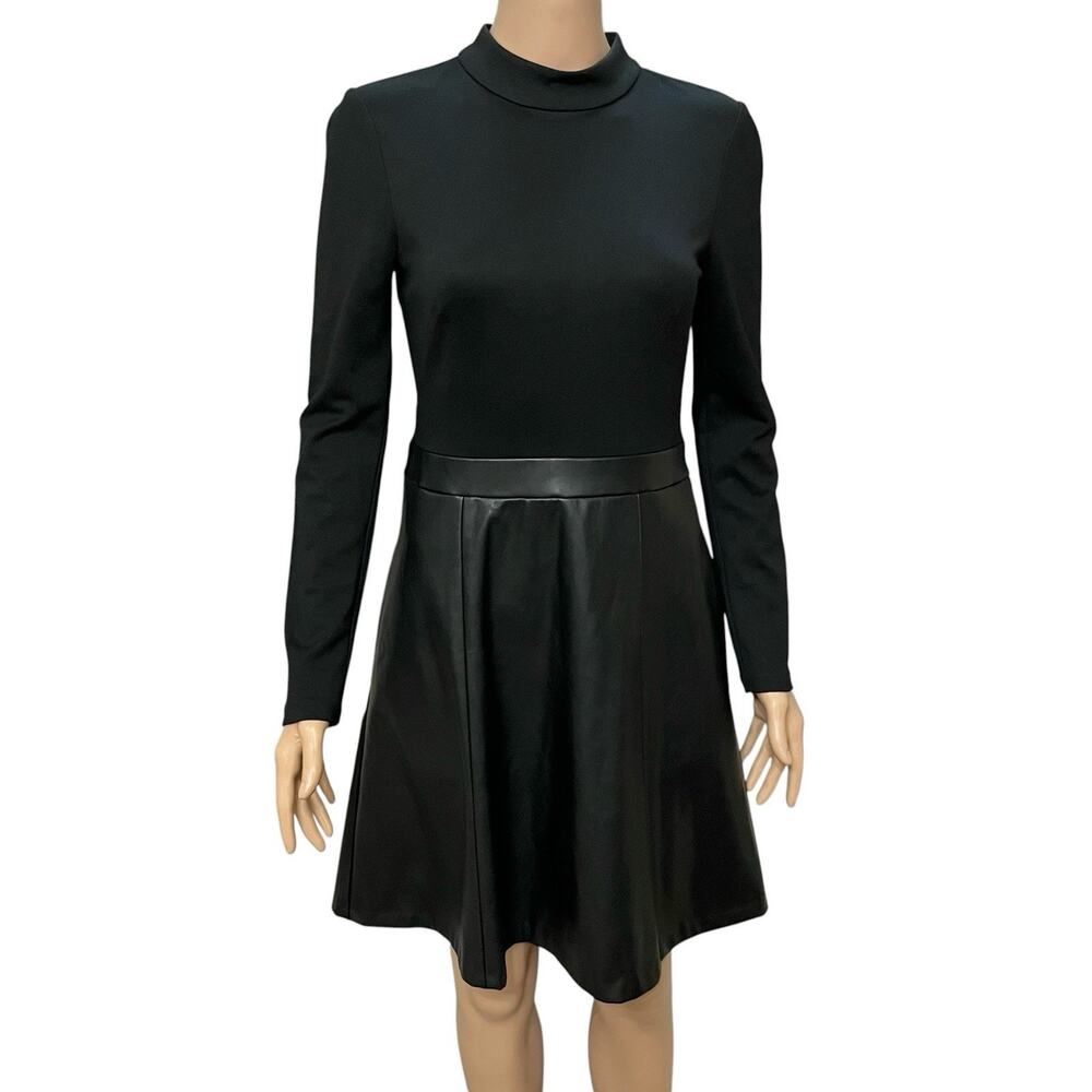 Eliza J Ponte Knit Faux Leather Twofer Dress 4 Black Fit And Flare Mock Neck